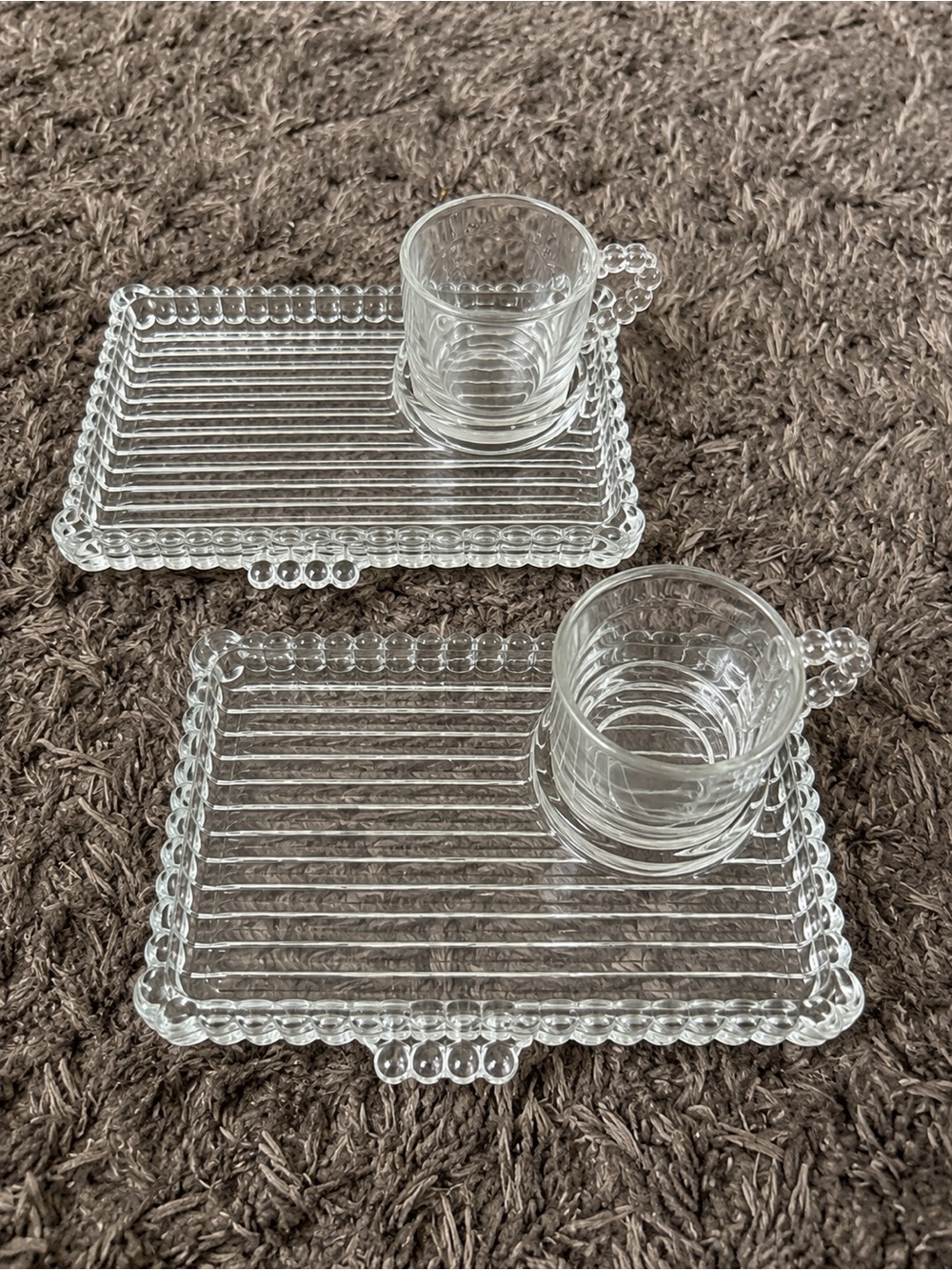 Vintage Glass Snack Tray Cup  Set of 2 | Ribbed Beaded Mid-Century Serving Trays